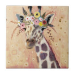 Klimt Giraffe | Adorned In Flowers Tile<br><div class="desc">This print features a sweet giraffe adorned in a crown of flowers | By Victoria Borges</div>