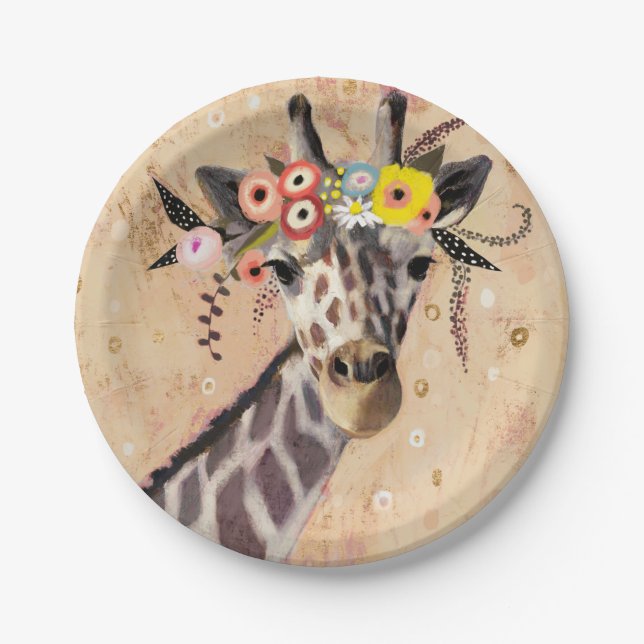 Klimt Giraffe | Crown Of Flowers Paper Plate (Front)
