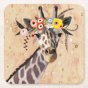 Klimt Giraffe   Crown Of Flowers Square Paper Coaster