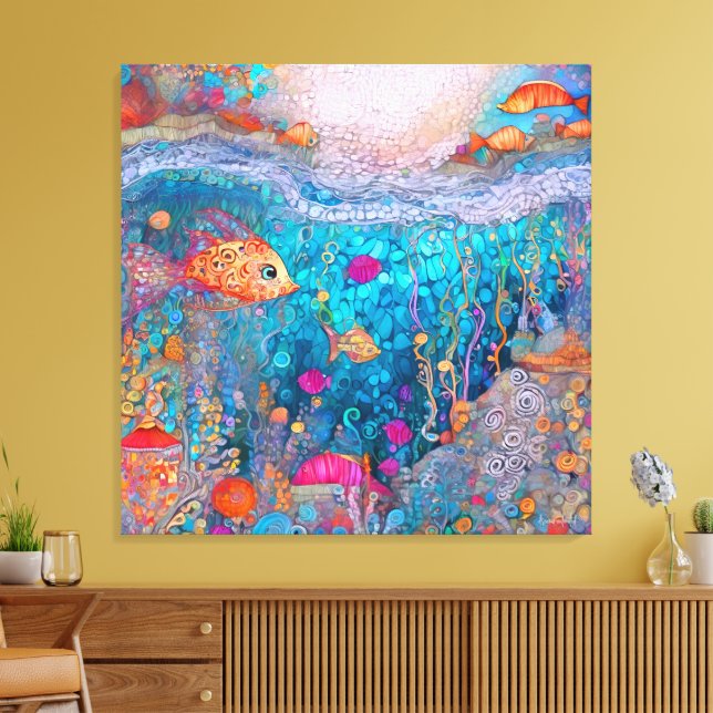 KLIMT STYLE COLOURFUL WHIMSICAL UNDERWATER SWIRLS CANVAS PRINT (Insitu(LivingRoom))