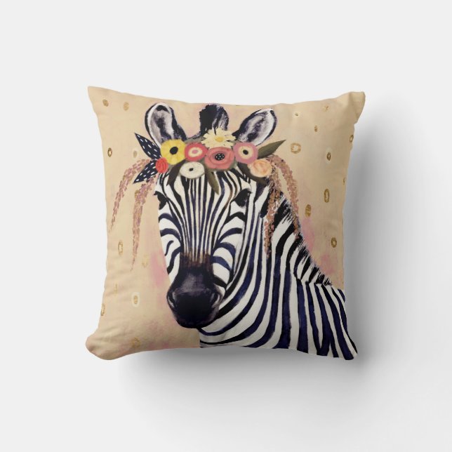 Klimt Zebra | Adorned In Flowers Throw Pillow (Front)
