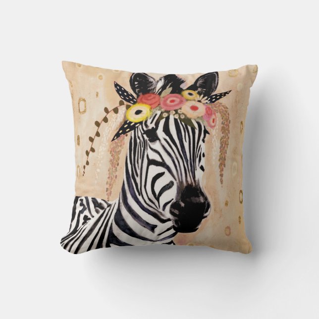 Klimt Zebra | Crown Of Flowers Throw Pillow (Front)