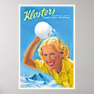 Klosters Grisons Suisse Affiche de ski vintage