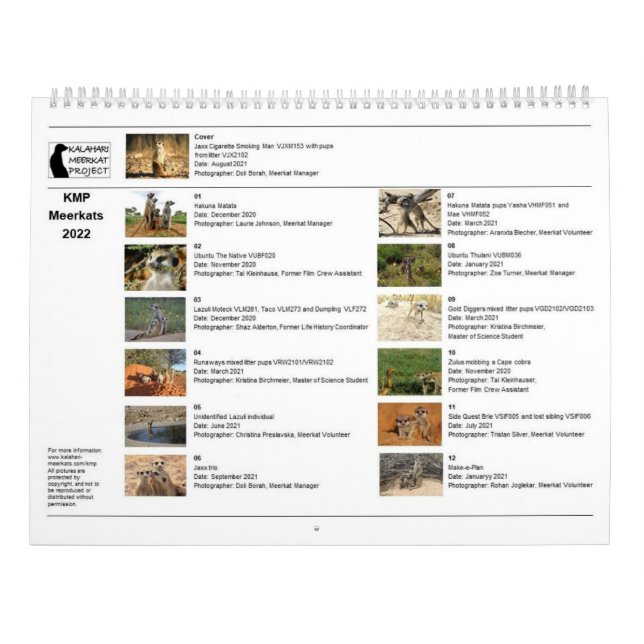 KMP Meerkats 2022 Calendar (Back)