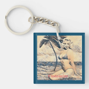Kneeling Blonde Bikini Model Thunder_Cove Keychain
