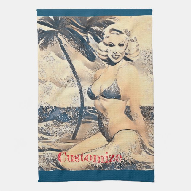 Kneeling Blonde Bikini Model Thunder_Cove Kitchen Towel (Vertical)