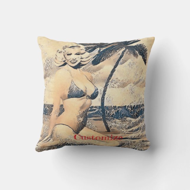 Kneeling Blonde Bikini Model Thunder_Cove Throw Pillow (Back)
