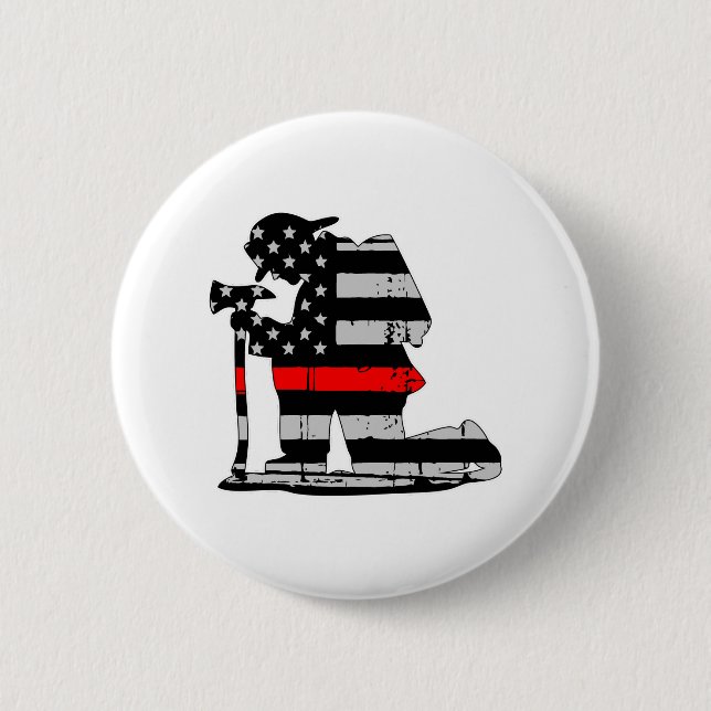 Kneeling Firefighter Thin Red Line 2 Inch Round Button (Front)