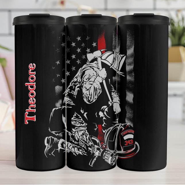 Kneeling Firefighter Thin Red Line Thermal Tumbler (Creator Uploaded)