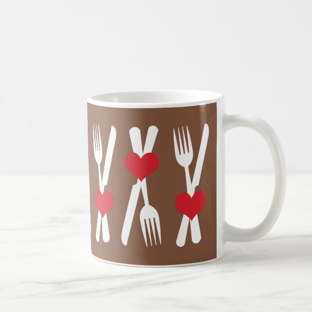 Knife & Fork - Red Hearts, Brown & White Mug (Right)