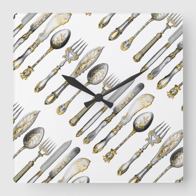 Knife fork spoon cutlery square wall clock (Front)