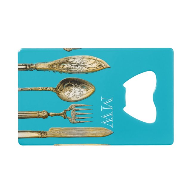 Knife fork spoon gold turquoise wallet bottle opener (Front (Horizontal))