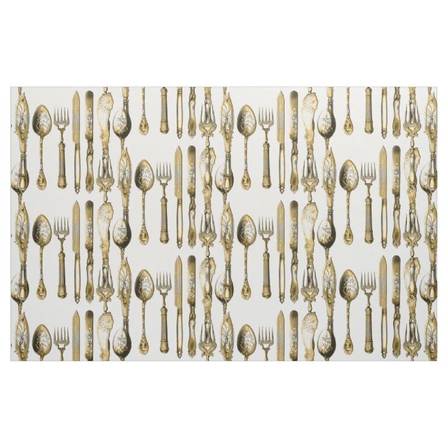 Knife fork spoon gold white fabric (Fat Quarter)