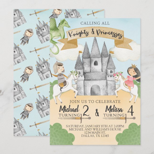 Knight and Princess Birthday Invitation Sibling (Front/Back)