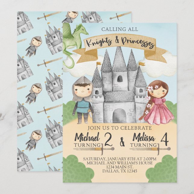 Knight and Princess Birthday Invitation Sibling (Front/Back)