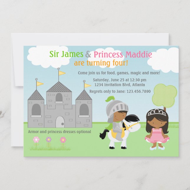Knight and Princess Twins Joint Party Invitation (Front)