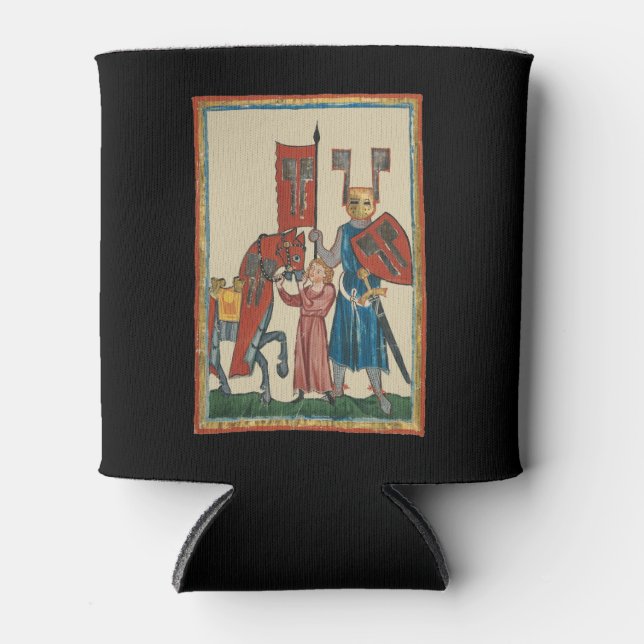 Knight and Squire, 14th Century Medieval Art Can Cooler (Front)