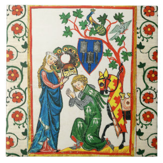 KNIGHT BEING ARMED BY HIS LADY ,MEDIEVAL MINIATURE TILE