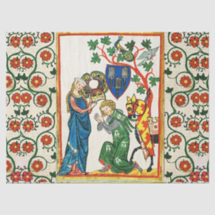 KNIGHT BEING ARMED BY HIS LADY ,MEDIEVAL MINIATURE TISSUE PAPER