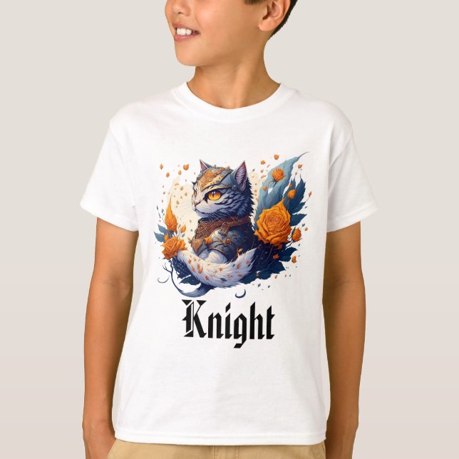 Knight Cat Heroic Warrior and roses kids T-Shirt (Front)
