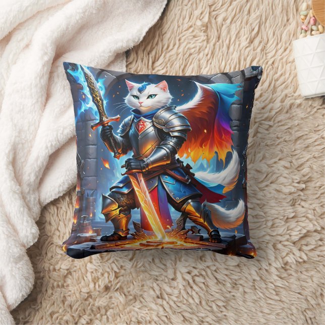 Knight Cat in Armour With Sword in Fantasy Setting Throw Pillow (Blanket)