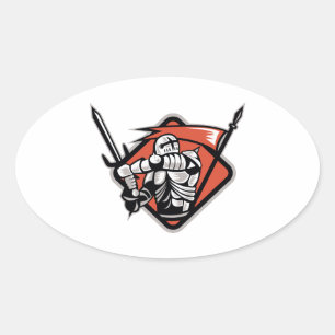Knight Crusader With Sword Flag Retro Oval Sticker