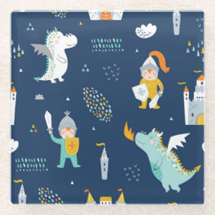 Knight Dragon Castle Childish Pattern Glass Coaster