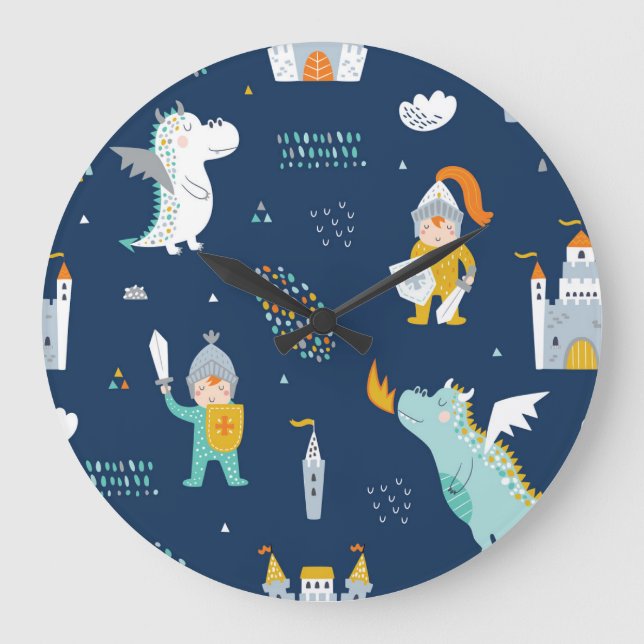Knight Dragon Castle Childish Pattern Large Clock (Front)