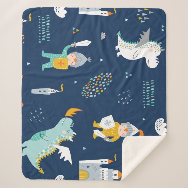 Knight Dragon Castle Childish Pattern Sherpa Blanket (Front)
