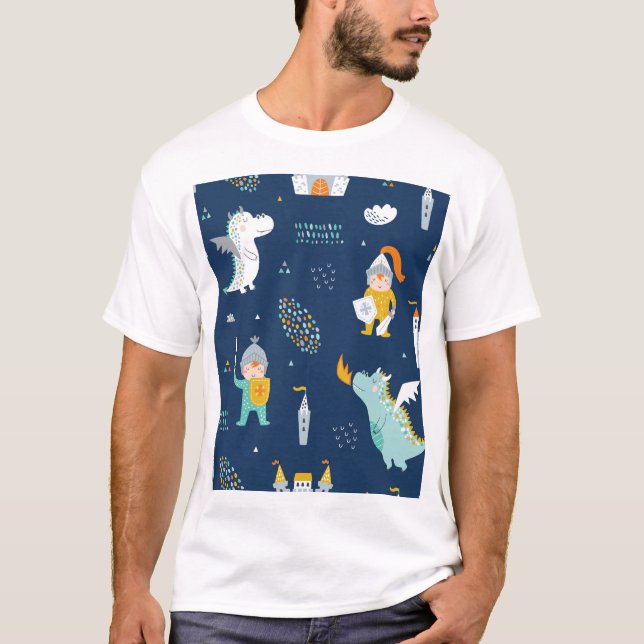 Knight Dragon Castle Childish Pattern T-Shirt (Front)