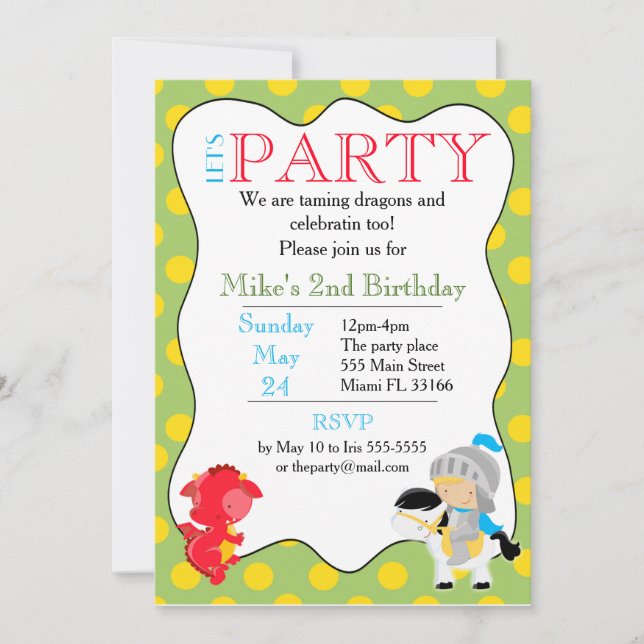 Knight Dragon Invitation Kids Birthday Party (Front)