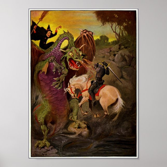 Knight Fighting Dragon by J. Allen St. John Poster (Front)