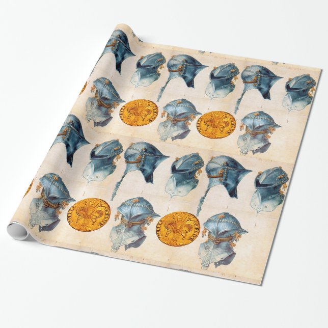 KNIGHT HELMET WITH ANTIQUE GOLD FLORENTINE FORINT WRAPPING PAPER (Unrolled)