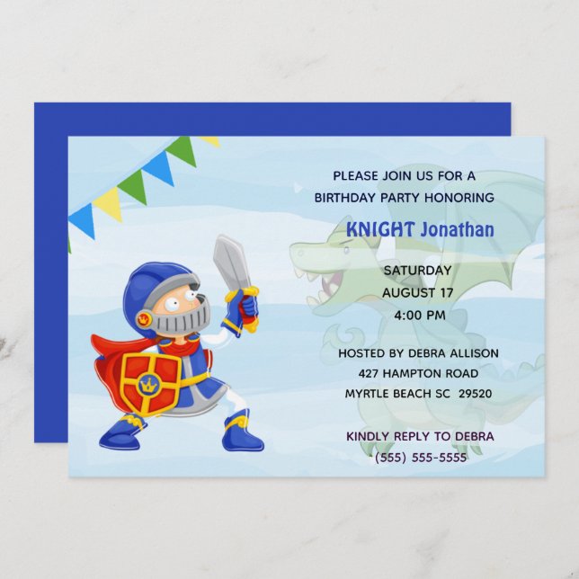 Knight In Armour Dragon Birthday Party Invitation (Front/Back)