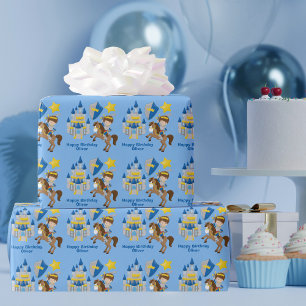 Knight in Shining Armour Custom Blue Boys Birthday Wrapping Paper