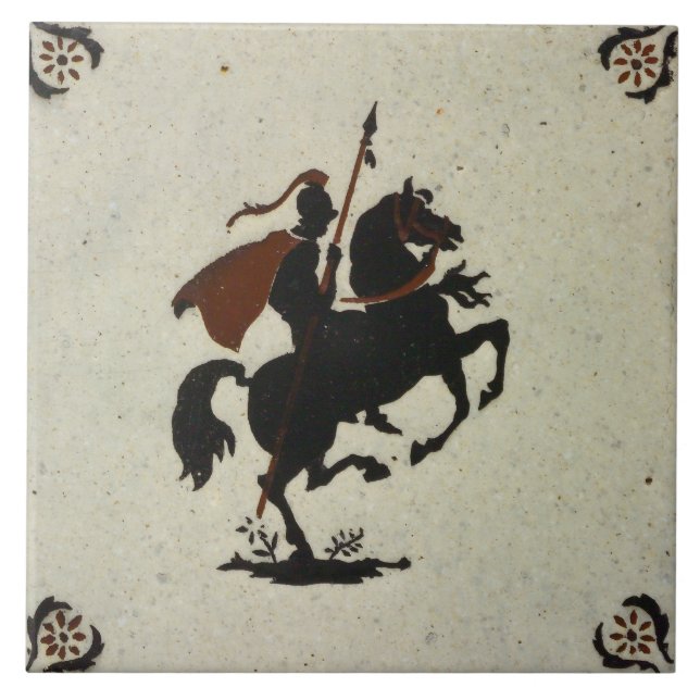 Knight on a horse Vintage Dutch Brown Delft tiles (Front)