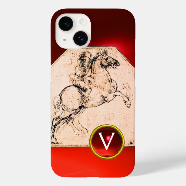 Knight on a Rearing Horse Red Ruby Gem Monogram Case-Mate iPhone Case (Back)