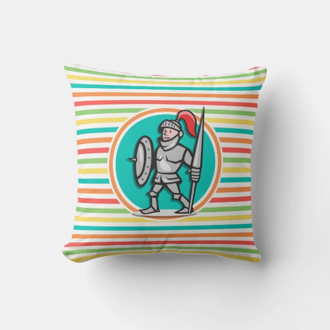 Knight on Bright Rainbow Stripes Throw Pillow (Front)