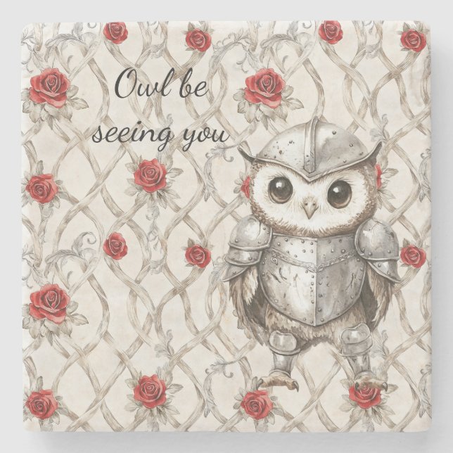 Knight Owl in Shining Armor Red Roses Seeing You Stone Coaster (Front)