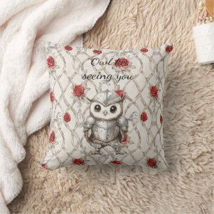 Knight Owl in Shining Armor Red Roses Seeing You Throw Pillow