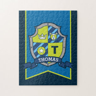 Knight prince crest personalized bear blue green jigsaw puzzle