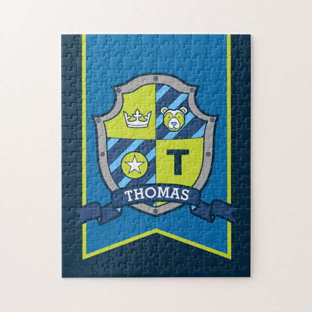 Knight prince crest personalized bear blue green jigsaw puzzle (Vertical)