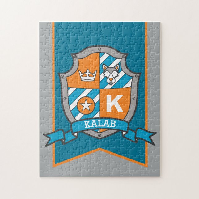 Knight prince crest personalized wolf orange teal jigsaw puzzle (Vertical)