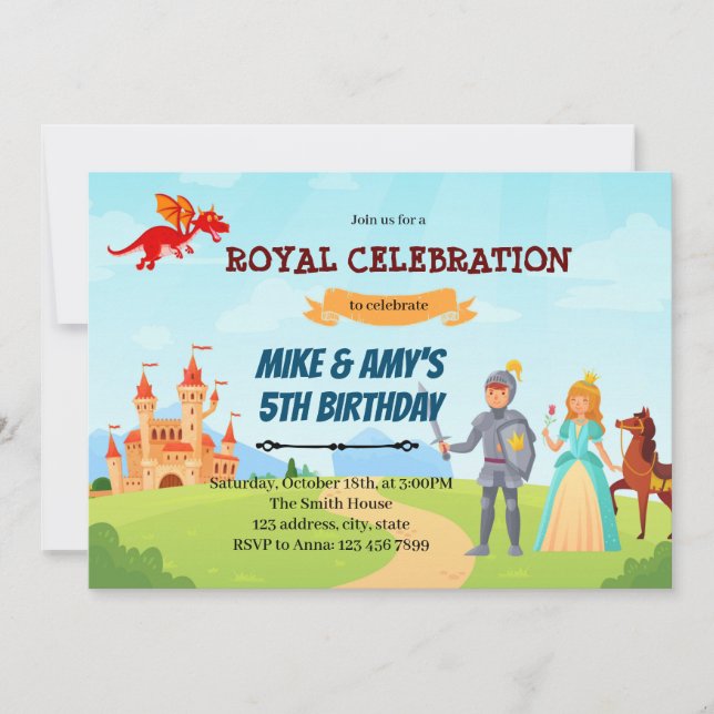 Knight princess birthday sibling invitation (Front)