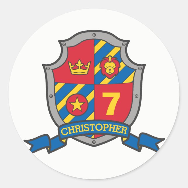 Knight shield custom name birthday party stickers (Front)