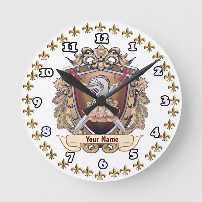 Knight Shield Surname Round Clock (Front)