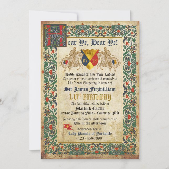 Knights Jousting Medieval Manuscript Birthday Invitation (Front)