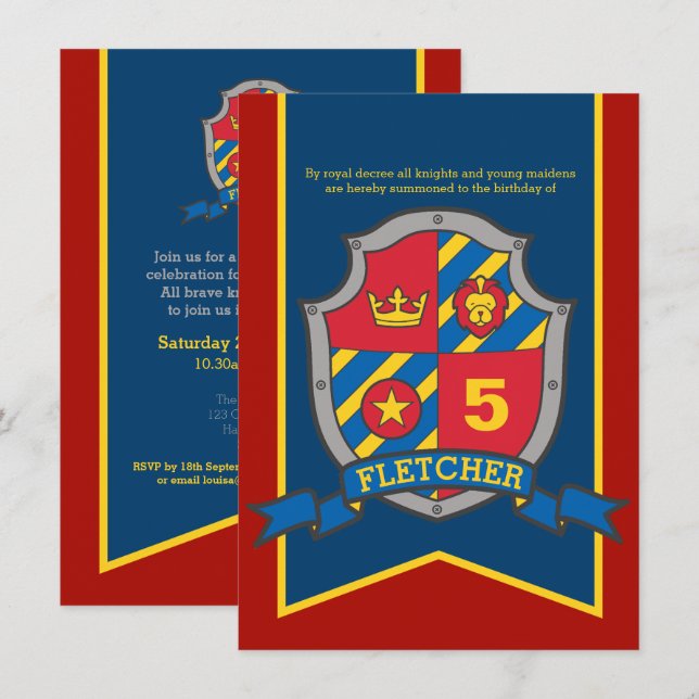 Knights medieval and maiden 5th birthday invites (Front/Back)