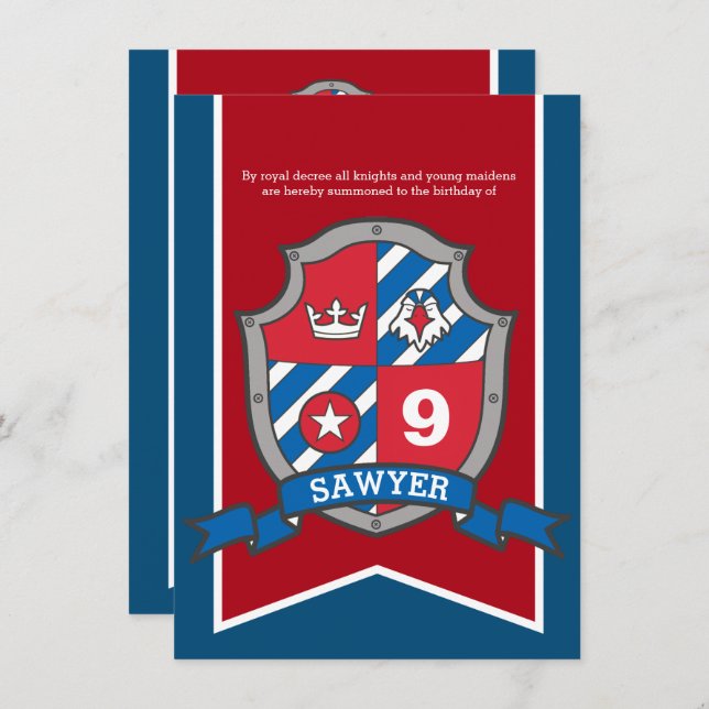 Knights medieval kids birthday party red blue invitation (Front/Back)