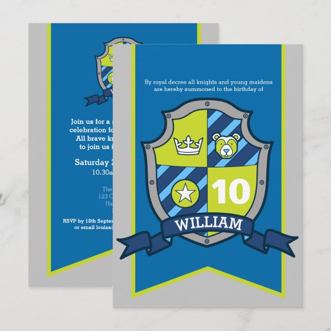 Knights medieval shield kids 10th birthday invites (Front/Back)